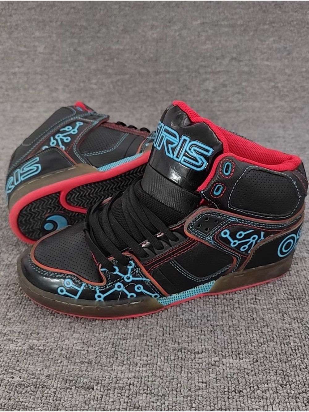 Osiris Black High-Top Sneakers with Red & Blue Accents